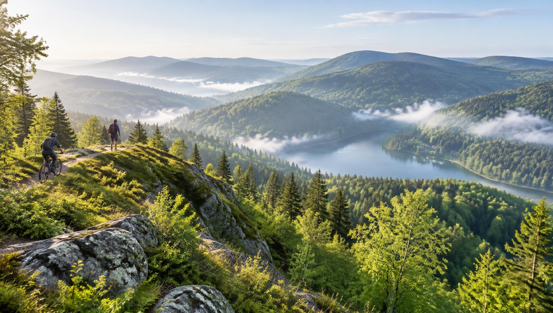 Crêtes boisées et lac dans les Vosges